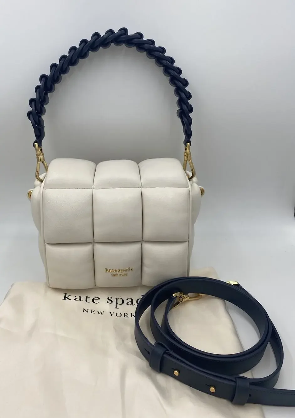 Kate Spade Boxxy Crossbody Bag East West Ivory Navy Blue Woven Puffy Leather